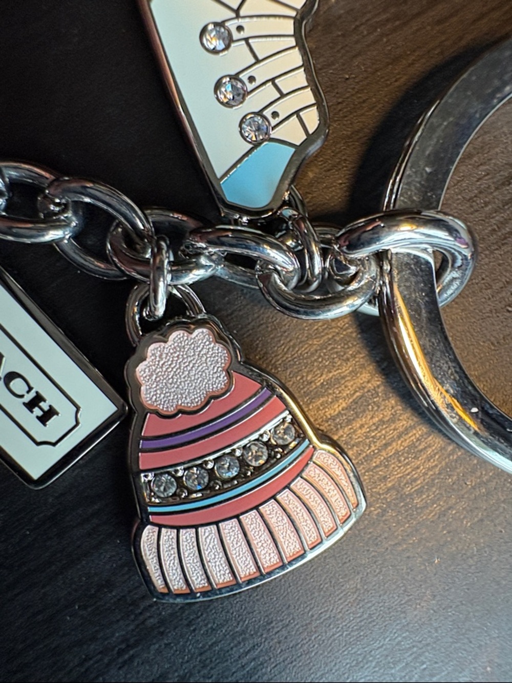 Coach Pink & Light Blue Enamel Ski Charm Keyring with Crystal Accents - Picture 5 of 7